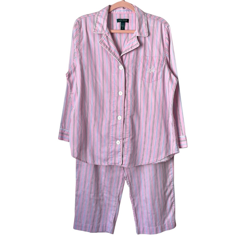 Lauren Ralph Lauren Pajama Set Womens XL Pink Blue Striped Cotton LRL Monogram